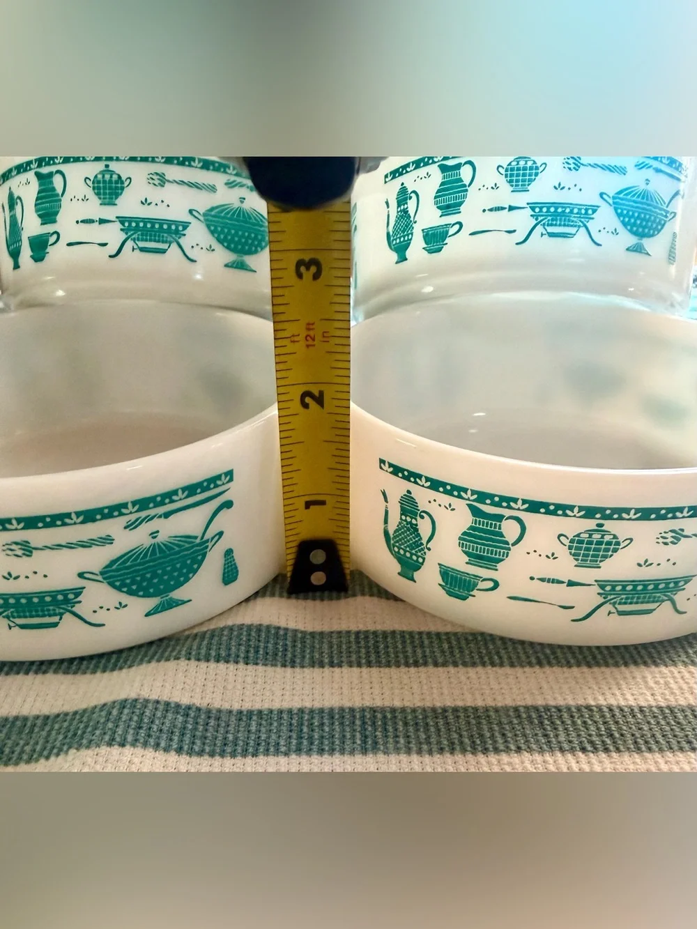 Vintage 1950s Hazel Atlas Kitchen Aids Milk Glass Turquoise Teal Set of 4 Bowls